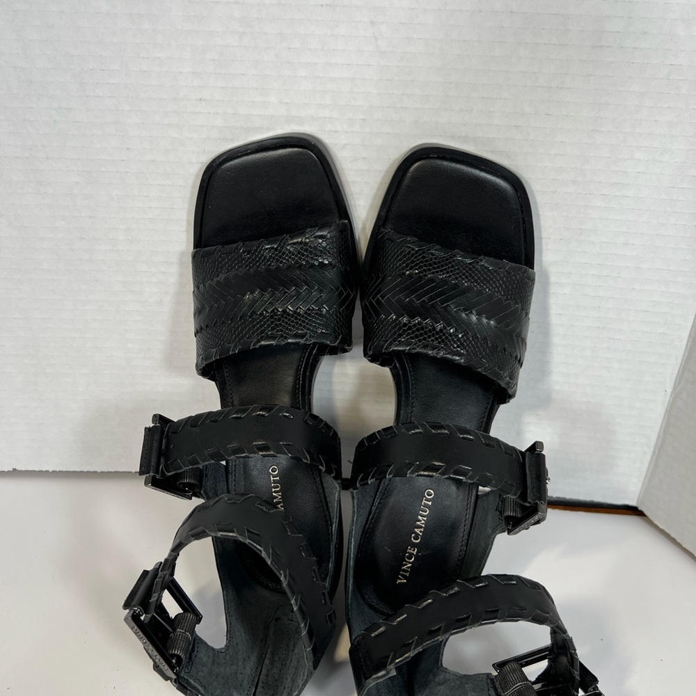 Vince Camuto Suraylin Black Leather Buckle Block Heel Sandals 8.5 Gladiator - Picture 7 of 14